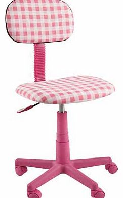 A simple height-adjustable desk chair with comfortable. padded seat and backrest. perfect for a childs bedroom. All the frame parts of this chair are pretty in pink and the seat and backrest are covered in a groovy gingham fabric. Wood frame. Seat he