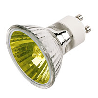 50W GU10. Mains halogen, coloured lamps with 1,500 hours average rated life. No transformer