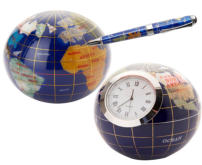 Unbranded Gemstone Globe Paperweight Clock and Pen Navy