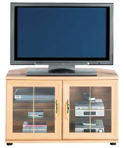 Beech effect TV unit with 2 glass doors with metal handles.2 adjustable internal shelves.The
