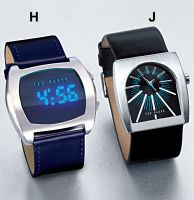 Brushed dial LED watch with dark blue leather strap, hrs/mins/secs, day/date function. Water