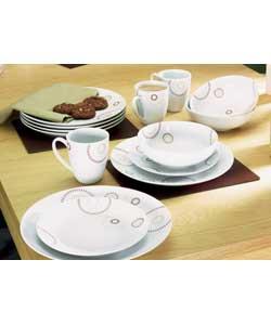 6 place settings.Set contains 6 dinner plates, 6 salad plates, 6 bowls and 6 mugs.Dinner plate