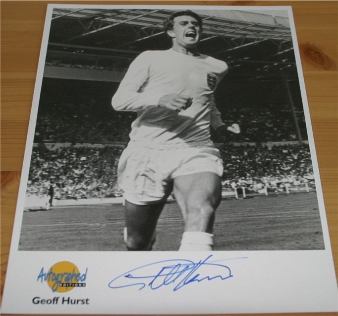 Autographed Editions photo signed in blue pen by the England World Cup winning star Sir Geoff Hurst