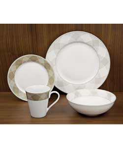 4 place settings.Chocolate geometric rim design.Set includes 4 dinner plates, 4 side plates, 4 bowls