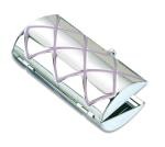 Silver-plated lipstick holder with pink geometric design - opens to reveal mirror