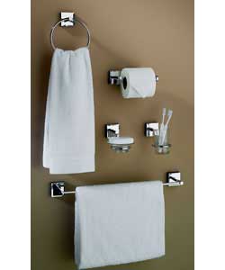 Set includes towel ring, towel rail, soap disk, beaker holder and toilet roll holder.Wooden back pla