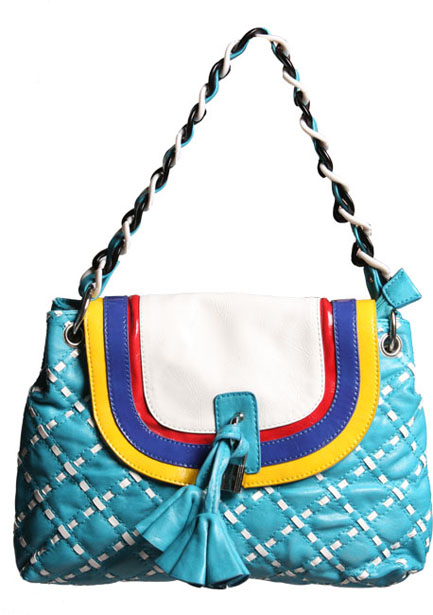 Patent woven square handbag with woven chain handle bag with tassles and padlock{br} 26cm length 36c