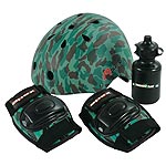 Childs helmet, knee and elbow padset and water bottle in a rucksack