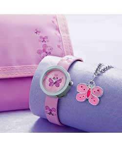 With pink strap watch, necklace and purse