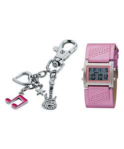 Digital.Pink metallic cuff.With key charm and pink metallic mobile phone holder.