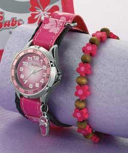 Sporty velcro pink strap watch with matching purse and wooden flower bracelet