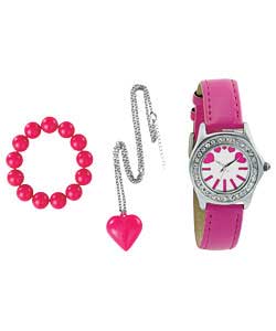 3 piece gift set including hot pink strap watch, heart pendant and beaded bracelet. Watch has silver