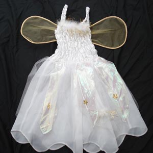 Beautiful White Fairy Dress with Gold Trim. The Dress has an elasticated bodice and feather trim