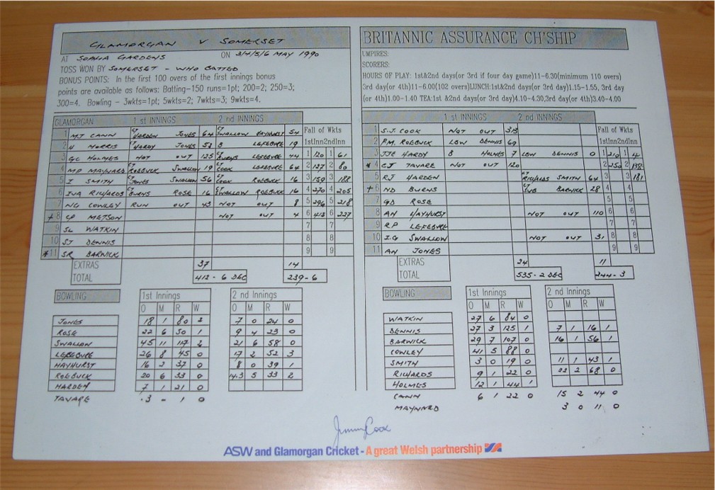 GLAMORGAN v SOMERSET SCORCARD SIGNED BY JIMMY