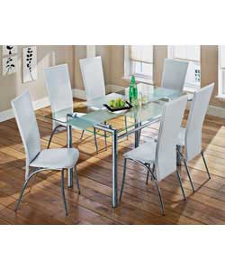 Glass Chrome chequered Dining Table and 4 Judie White Chairs