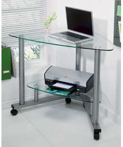 Size (A)71.5, (B)71.5, (C)100cm. Height 76.5cm.Corner desk with silver coloured tubular metal frame 