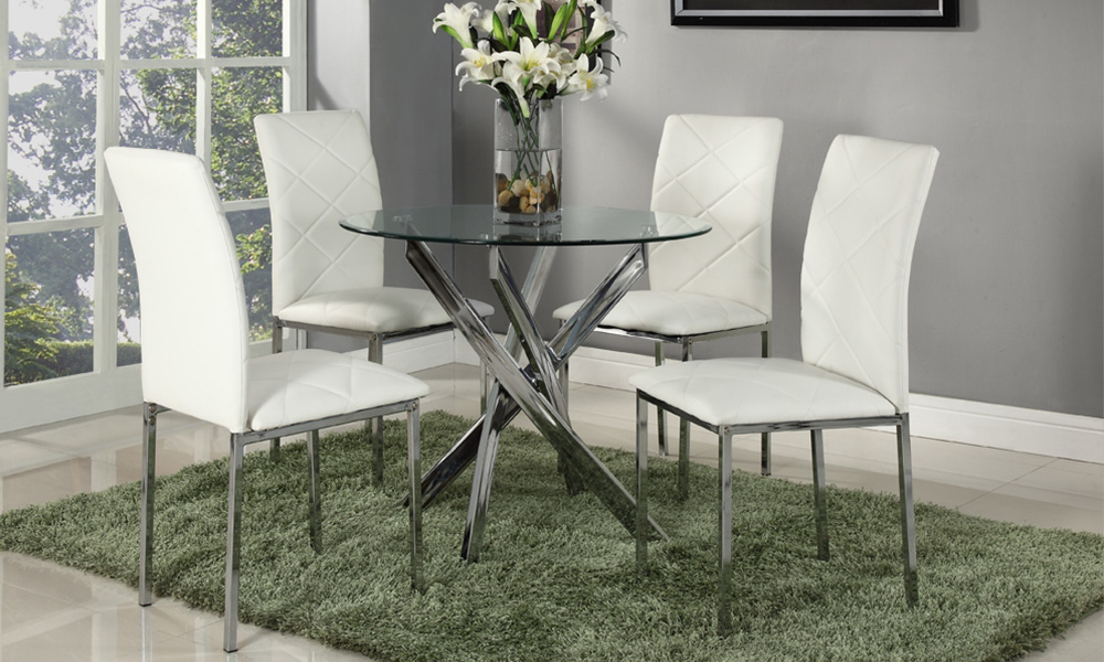 Unbranded Glass Dining Table Chrome Legs 4 WHite Chairs -