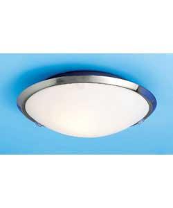 Satin glass shade with a matt chrome metal pan.Drop 8cm.Diameter 26cm.IP20 rating.Requires 1 x 60