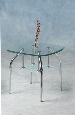 Sophisticated shape with a frosted glass shelf  all set on gleaming chrome legs. This item is suppli