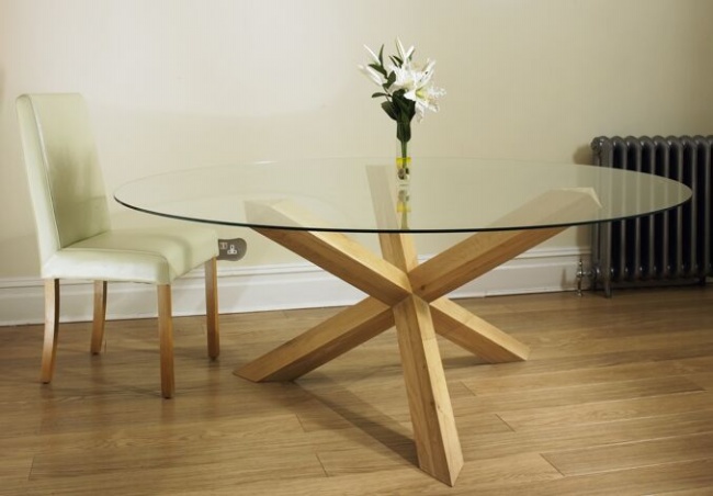 Unbranded Glass Round Dining Table on solid oak pedestal -