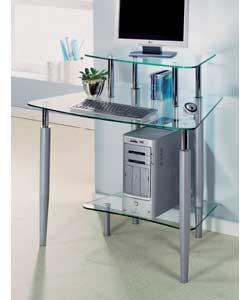 Workstation with clear tempered glass shelving and silver and chrome coloured frame.Suitable for