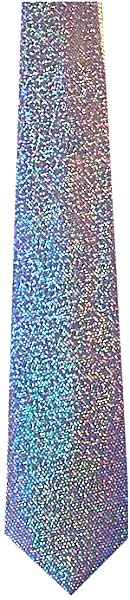 A narrow silver glitter tie with a circular pattern which reflects different glittery colours in