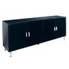 In a black gloss painted finish. Two double doors, behind each there is a shelf. Metal handles and a