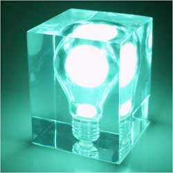 Glow-in-the-dark light bulb trapped in a solid acrylic brick.  Recharges from energy in natural ligh