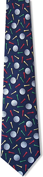 A bright golfer tie with golf balls and coloured golf tees all over on a navy background