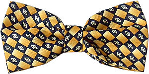 Gold bow tie with black squares filled with diamond and circle shapes
