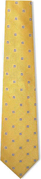 A deep gold woven silk tie with little blue flower designs all over