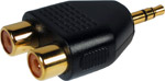 A high quality adaptor which allows two phono plugs to be used with one 3.5mm stereo jack socket.