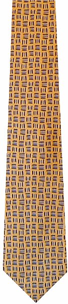 A smart gold silk tie with little blue lines in groups of three all over