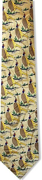 A great silk country tie featuring pheasants on a golden background
