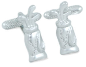 Silver coloured golf bag shaped cufflinks with golf clubs sticking out at the top.