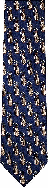 A classic golf tie with lots of golden brown golf bags on a blue background