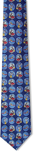 A great navy blue silk tie featuring golfers and golf clubs in light blue circles