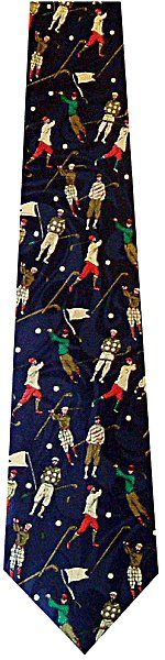A great golfing tie featuring golfers in traditional clothing playing golf on a patterned navy blue