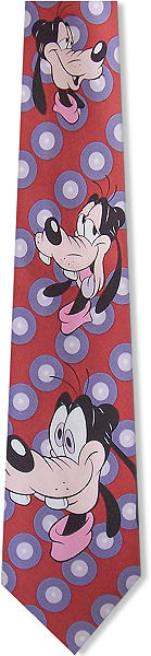 A playful tie with Goofy faces and lilac circles on a teracotta background