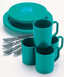 Set contains 4 of each - mug, plate, bowl and stainless steel cutlery clip set