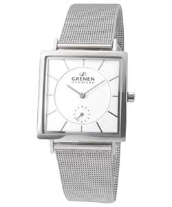 Brushed silver dial.Square case.Adjustable strap.Second hand.Gift boxed.Manufacturers 3 years guaran