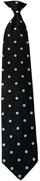 A smart black clip-on tie with grey polka dots