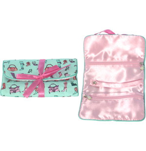 Satin travel cosmetic bag with printed detail on outer side. The Groll accessory has zipped inner po