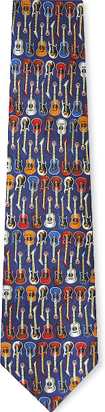 A great tie for guitarists and music lovers crammed with lots of different guitars on a purple