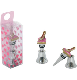Metal wine bottle stopper with diamante shoe detail. The Gwine gift also comes with a holder for the