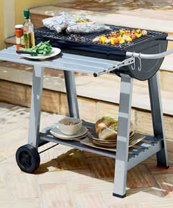 Steel charcoal barbecue on trolley, enamelled body 70 x 40 cm. Front folding shelf painted and