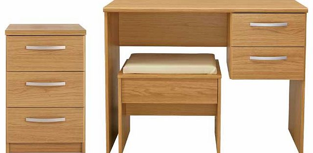 Perfect for your dressing room or bedroom. this dressing table is part of our contemporary Hallingford collection. Beautifully finished in oak effect. this unit has two spacious drawers with metal runners and is complemented with a matching stool and