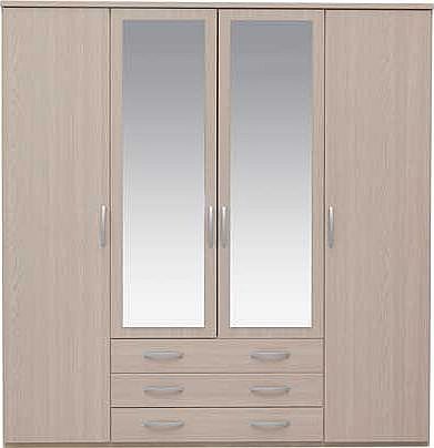 Part of the Hallingford collection. this four door wardrobe is spacious and practical. Beautifully finished with a light oak effect. sleek metal handles and a double mirror. it brings modern simplicity to your home. This wardrobe has three drawers. t