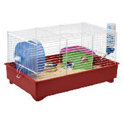 Multi-coloured hamster cage with house, water bottle, feeding bowl, exercise wheel, woodchips, beddi
