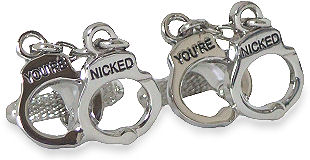 Reward your bad boy with these silver-coloured handcuff cufflinks inscribed with `you`re nicked`.